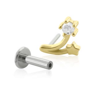 Een massief 14K gouden ster lekt EINDE met implantaatkwaliteit titanium schroefdraadloze achterkant 20 tot 14 g schroefdraadloze platte achterkant.