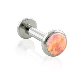 Threaded End & Labret: Implant Grade Titanium Salmon Pink Flat Opal Bezel setting END with 16g or 18g Threaded Labret BIG Back piercing