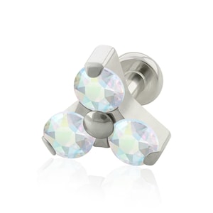 Implant Grade Titanium Threaded Trinity END & Labret, 16g or 18g SMALL Flat Back, Trinity top of Cubic Zirconia prong-set (Top and Bottom)