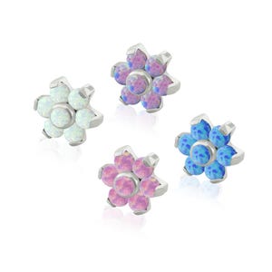 Accessorio filettato in titanio da 16 g a 18 g con montatura a griffe a forma di fiore, opale, modello di filettatura da 0,9 mm, funziona con i dorsi filettati da 18 g e 16 g, solo la parte superiore