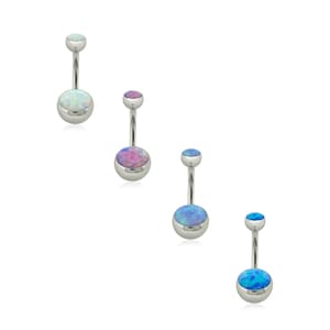 May include: Four belly button rings with different colored opal stones. The rings are made of surgical steel and have a clear, shiny finish. The stones are round and have a variety of colors, including white, pink, blue, and light blue.