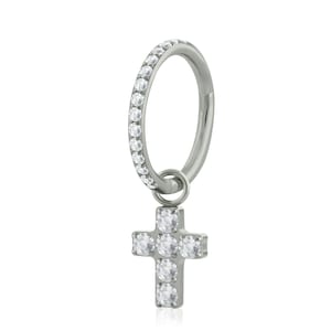 20g - 18g - 16g Huggie Hoop Earring in Implant garde Titanium hinged hoop Side facing  CLEAR Cubic Zirconia and a  Cross charm for earlobes