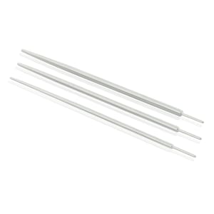 May include: Three silver-toned metal tools, each featuring a long, slender, cylindrical body that tapers to a fine point at one end and a thinner, straight rod extension at the other. The metallic surface has a smooth, reflective finish.