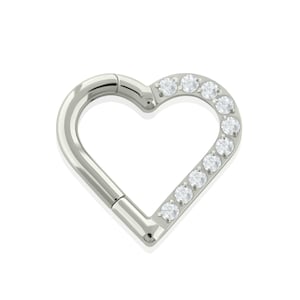 Aro con bisagras en forma de corazón de titanio de grado de implante de 16 g con circonita cúbica frontal, joyería para perforación Daith
