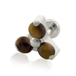 Implant Grade Titanium Threaded Trinity END & Labret, 16g or 18g SMALL Flat Back, Trinity top of Natural Stone prong-set (Top and Bottom)