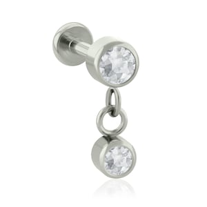 16g-18g Implant Grade Titanium Double Bezel-set Cubic Zirconia  END with 16g or 18g Threaded Labret BIG Back earlobe piercing dangle earring