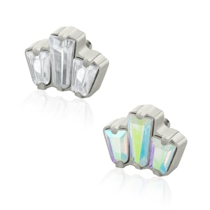 16g- 18g Threaded Accessories: Titanium Triple Baguette Prong setting Cubic Zirconia end internally threaded, earlobe and tragus piercings