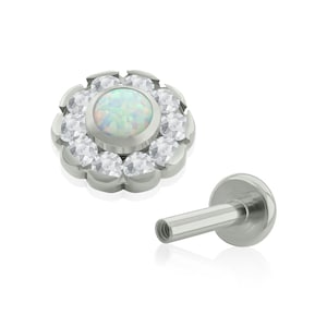 Threaded End & Labret: Implant Grade Titanium Sunflower Prong set Cubic Zirconia and Opal END with 16g or 18g BIG Back Threaded Labret, ear
