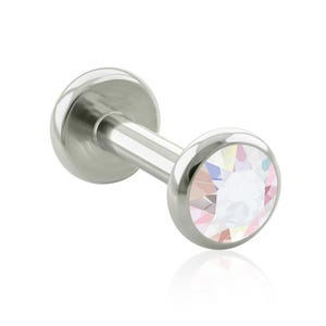 Extremo roscado y labret: titanio de grado de implante con engaste de gemas planas iridiscentes, EXTREMO con perforación en labio roscado GRANDE de 16 g o 18 g
