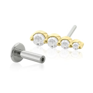 インプラントグレードのチタン製スレッドレス バック 20g ～ 14g スレッドレス フラット バックを備えた、ソリッド 14K ゴールド カスケード エンド。