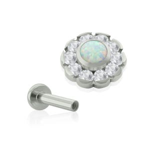 Threaded End & Labret: Implant Grade Titanium Sunflower Prong set Cubic Zirconia and Opal END with 16g or 18g SMALL Backs Threaded Labret