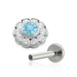 Threaded End & Labret: Implant Grade Titanium Cubic Zirconia prong set Sunflower END with 16g or 18g BIG Back Threaded Labret, ear piercing