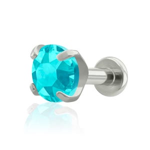 Threaded End & Labret: Implant Grade Titanium Aquamarine Cubic Zircon Prong-set END with 16g or 18g Threaded SMALL Back labret cartilage