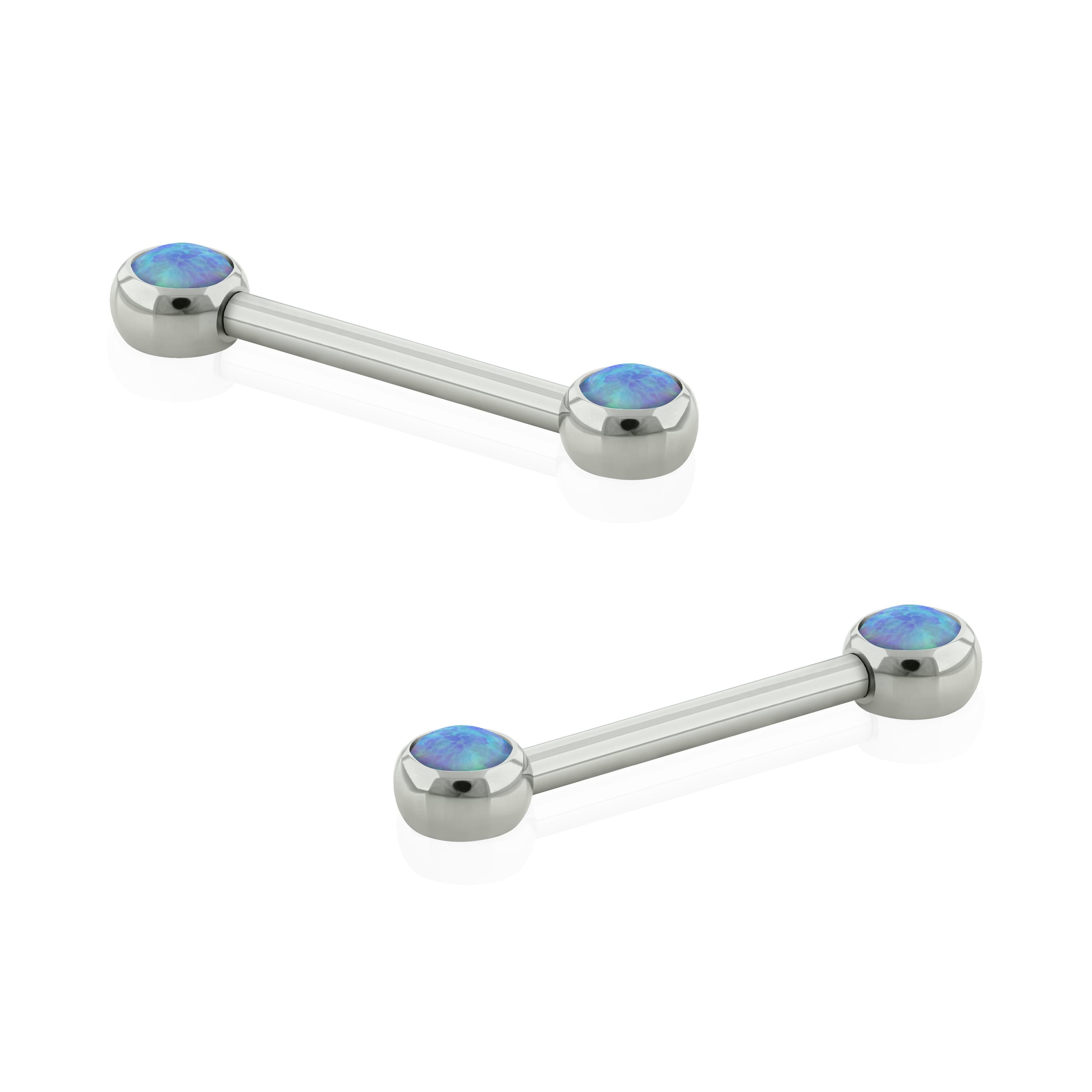 A Pair of 14g Implant Grade Titanium Opal Nipple Barbell INTERNALLY threaded Front facing Bezel setting Synthetic Opal FLAT ends