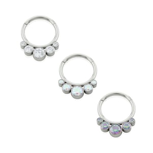 18g - 16g Titanium Five Cluster Front Bezel set, Cubic Zirconia Septum, Cartilage, Lobe Piercing hoop, Hinged Hoop, Front crystal, earring