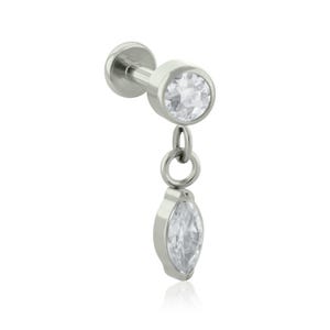 Threaded End & Labret Implant Grade Titanium Bezel-set, Marquise Cubic Zirconia END with 16g or 18g BIG Back earlobe piercing dangle earring