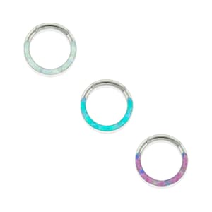 14g Titan Vorderseite Synthetischer Opal für Septum, Knorpel, Lobe Piercing, Hinged Hoop, Front Facing Clicker Ring, Ohrring Creolen
