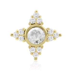 May include: Gold-toned body jewelry with a clear round gemstone surrounded by smaller clear gemstones in a starburst design.