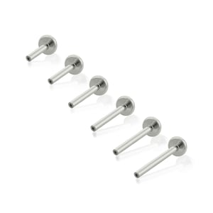 May include: Six silver-toned metal labret studs arranged in a diagonal line. Each piece features a flat circular disc base attached to a smooth, straight post with a hollow opening at the end, designed for body piercing jewelry applications.
