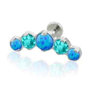 Threaded End and Labret Implant Grade Titanium Five Opal & CZ Cluster Prong setting Cubic Zirconia with 16g -18g BIG Back cartilage piercing