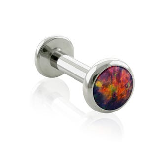 Brinco de titânio opala preta de grau de implante de 16g ou 18g com ajuste de moldura plana e piercing de lábio roscado de 16g ou 18g nas costas