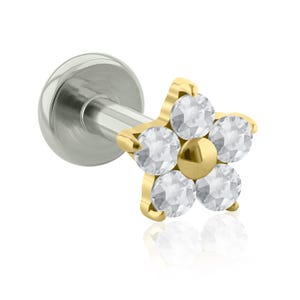 Threaded End & Labret: Implant Grade Titanium Cubic Zirconia Hexaflower END with 16g or 18g BIG Back Threaded Labret