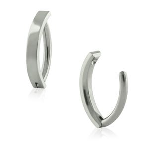 May include: A pair of silver hoop earrings with a flat, rectangular design. The earrings are made of metal and have a polished finish.