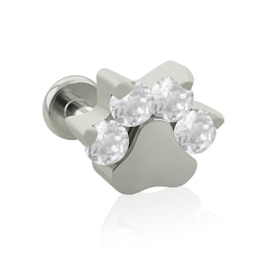 14g Internally THREADED Implant Grade Titanium with Mini Dog Paw Cubic Zirconia, conch jewelry, Earlobe piercing and cartilage studs in 14g
