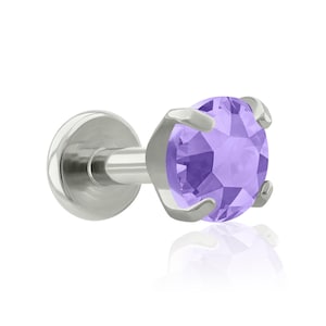 Threaded End & Labret: Implant Grade Titanium Purple Cubic Zircon Prong-set END with 16g or 18g Threaded Labret BIG Back ear, mouth piercing