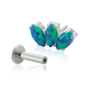 20g to 14g Titanium Push-in Studs, Threadless Opal Triple Marquise FAN end with Push-in earring, tragus ring, cartilage piercing, earlobe