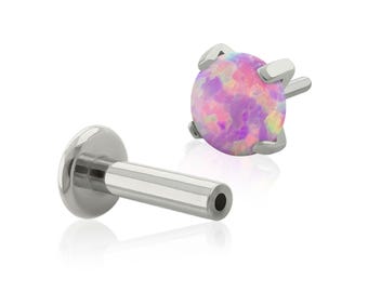 Implant Grade Titanium Prong setting 4 Pink Opal end with Push-in labret Back 20g to 14g ear cartilage piercing, Opal ear studs, opal jewel
