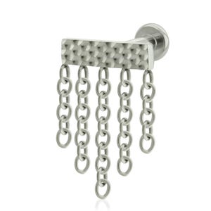 May include: A silver-toned metal body jewelry piece featuring a horizontal rectangular bar with a textured honeycomb pattern. Five vertical chains of varying lengths hang from the bar, each composed of small circular links, attached to a flat circular back.