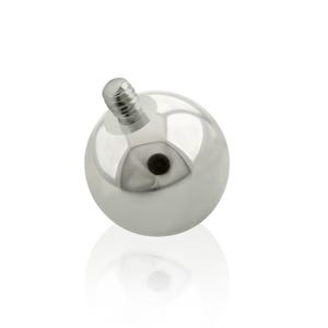 Peut inclure: Un embout de bijou corporel sphérique de couleur argentée polie, doté d'une surface lisse et réfléchissante ainsi que d'une tige filetée dépassant du sommet. La bille métallique présente une petite indentation circulaire sombre sur le côté.