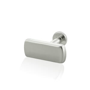 May include: A silver-toned metal cabinet knob featuring a horizontal rectangular bar design with rounded edges. The hardware includes a cylindrical post and a circular base plate, showcasing a smooth, polished finish throughout the entire piece.