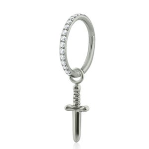 20g - 18g - 16g Huggie Hoop Earrings Titanium Side CLEAR Cubic Zirconia with sword charm for Helix, Cartilage, and Lobe Piercings.