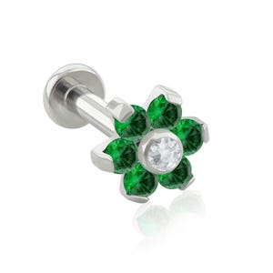 Threaded End & Labret: Implant Grade Titanium Cubic Zirconia prong-setting Flower END with 16g or 18g Threaded Labre SMALL Back labret