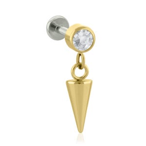 16g-18g Implant Grade Titanium Bezel-set Cubic Zirconia and Spike END with Threaded Labret BIG Back earlobe piercing dangle earring.