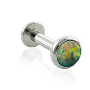 Extremo roscado y labio: titanio de grado de implante, engaste de bisel de ópalo verde oscuro plano, EXTREMO con perforación de labio roscado GRANDE de 16 g o 18 g