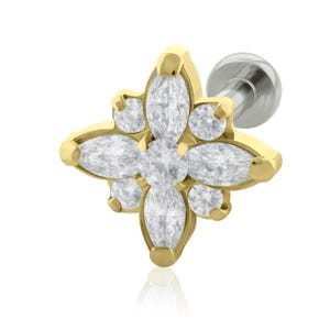 Implant Grade Titanium Threaded Flower Marquise END of Cubic Zirconia prong set & Labret, 16g or 18g SMALL Flat Back (Top and Bottom)