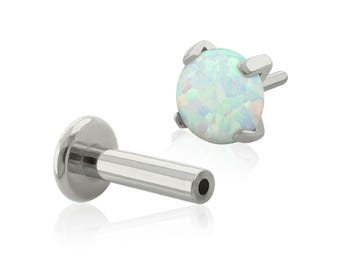 Implant Grade Titanium Prong setting White Opal end with Push-in labret Back in 20g-14g, Threadless labret, for ear cartilage nose  piercing