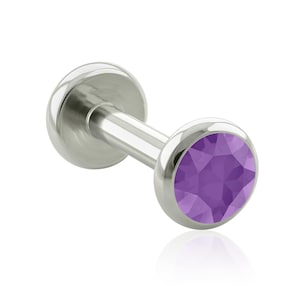 Extremo roscado y labio: titanio de grado de implante, engaste de gemas planas moradas, extremo con perforación en labio roscado GRANDE de 16 g o 18 g
