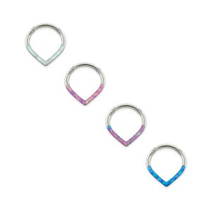 16g Titanium Front Facing V Shape Synthetic Opal hoop for Septum, Cartilage Lobe Piercings, Hinged Hoop, Front Opal clicker, daith hoop