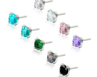 Threadless Accessories: Implant Grade Titanium Threadless End of Prong setting 4 Cubic Zirconia 0.46mm Pin Size compatible with RUWSE Backs
