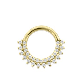 14K Implant Grade solid Gold 16g Clicker Hoop Eclipse Front Facing Multi Cubic Zirconia prong set for Septum, Cartilage, Lobe Piercings