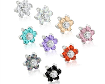 14g Implant Grade Titanium THREADED Flower END, Prong-set Cubic Zirconia in 1.2mm threading pattern for OUR 14g backs  (Top Only)