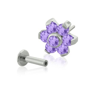 20g to 14g Titanium Push-in Hexaflower Prong set CZ end with Threadless back labret earring, tragus studs