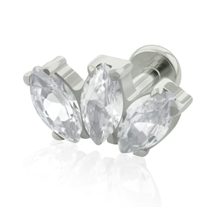 14g Internally THREADED Implant Grade Titanium with Triple Marquise FAN Gem Prong setting, conch lobe, cartilage earring, Ear White Studs,