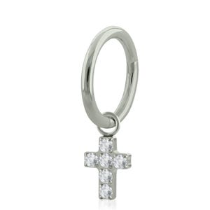 20g - 18g - 16g Huggie Hoop Earring Titanium hinged hoop with Cross Cubic Zirconia charm for Rook, Helix jewelry, Cartilage & Lobe Piercing.