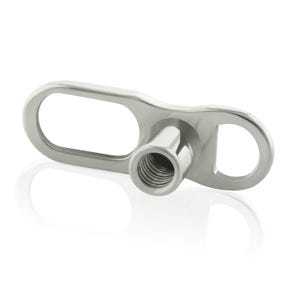 May include: A silver-toned metal dermal anchor base featuring a flat, elongated plate with two oval-shaped holes on either side and a central, raised cylindrical post with internal threading for attaching jewelry tops securely to the skin.