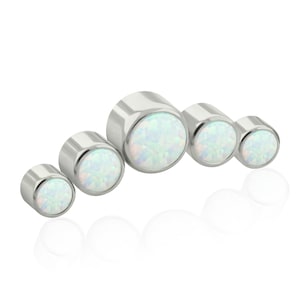 16g-18g Thread Accessories: Titanium Five Curved Bezel setting White Opal 0.9mm threading pattern works with 18g & 16g threaded backs